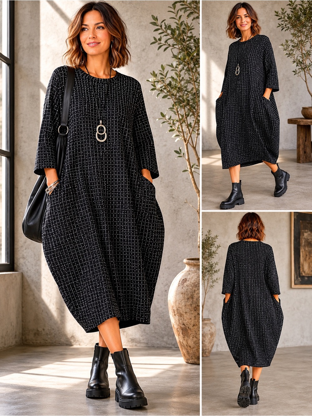 BUYKUD Oversized Cocoon Midi Dress Geometric Print Lagenlook Artsy OS